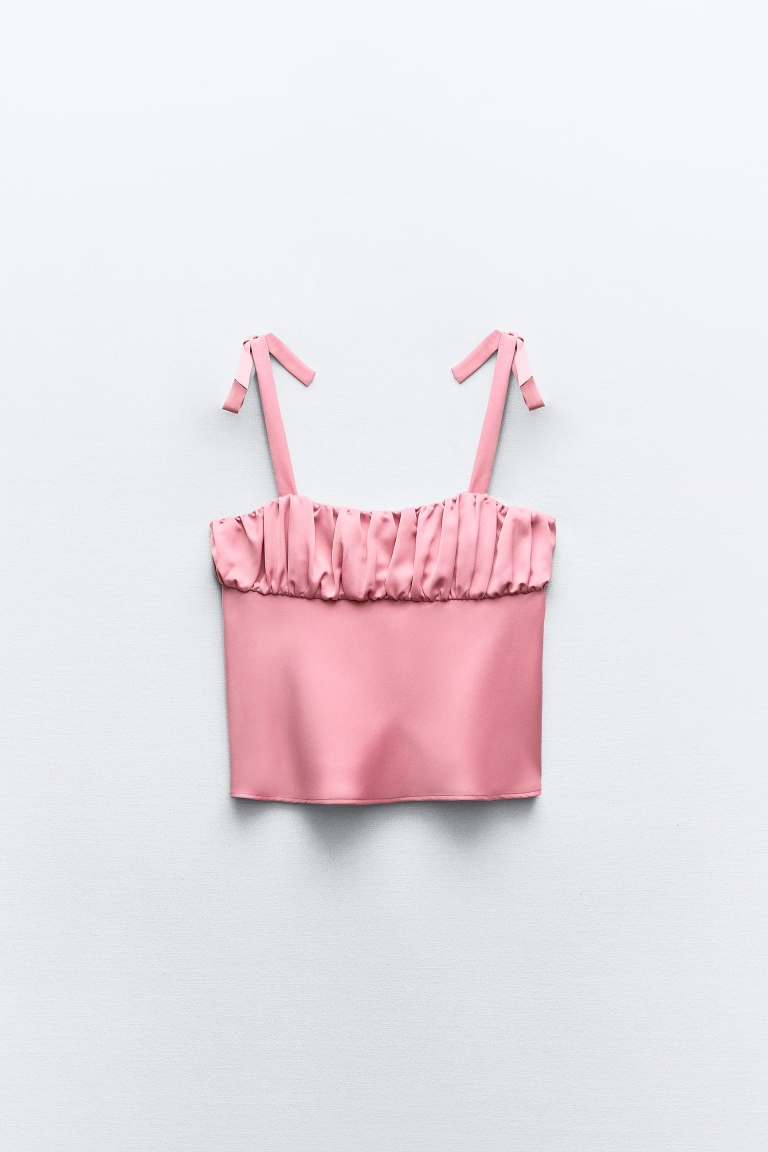 GATHERED SATIN TOP WITH BOWS