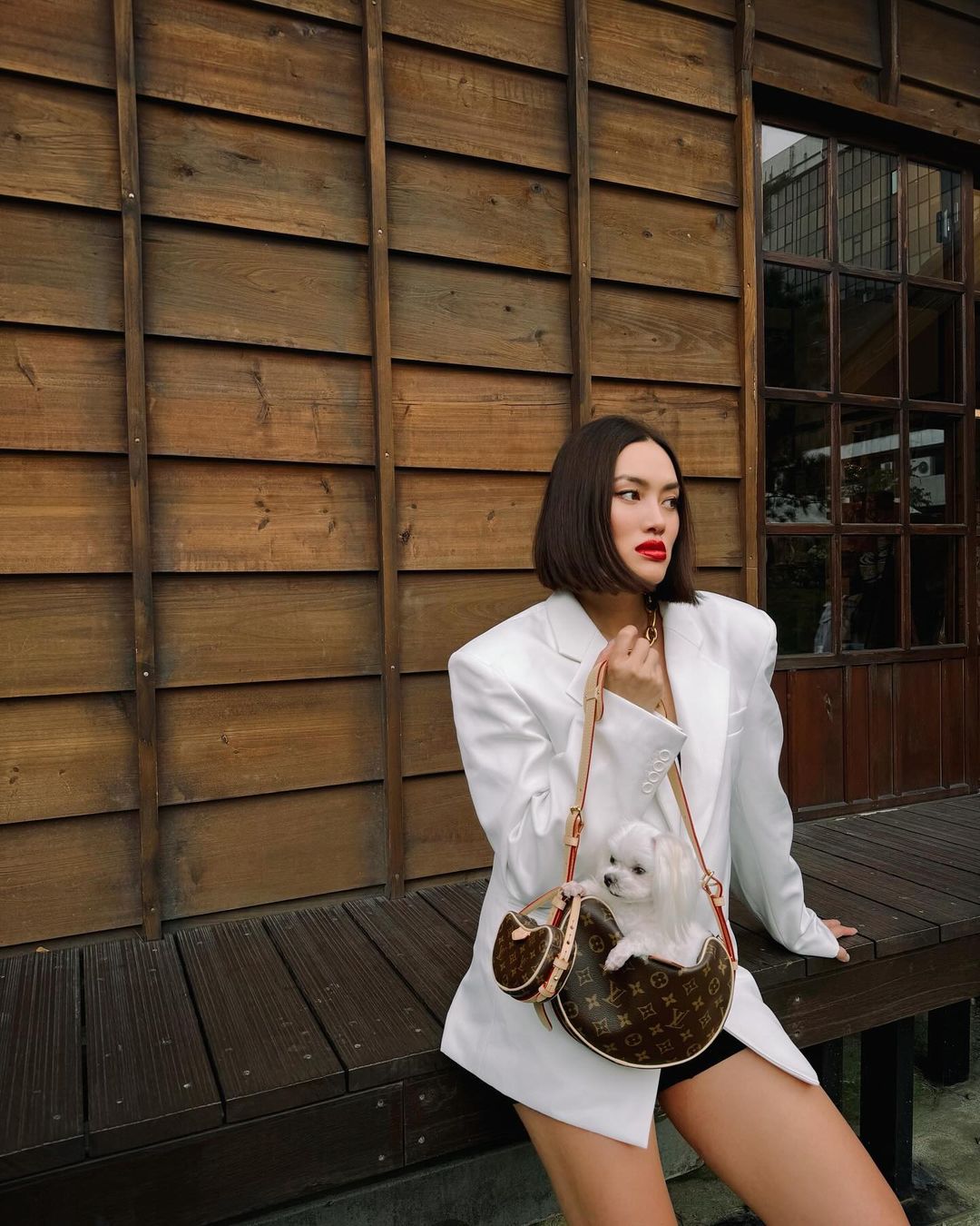 Who wore it better: Tiffany Hsu i njen maltezer nose matching Louis Vuitton torbe